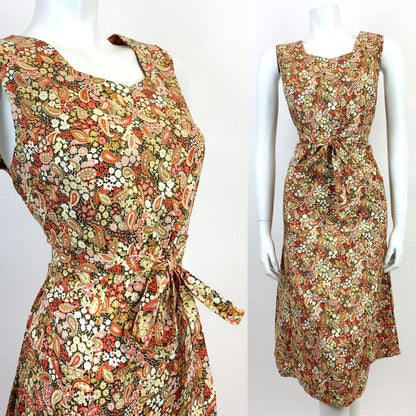 VTG 60s 70s CREAM GREEN RED BROWN FLORAL DITSY PAISLEY PSYCHEDELIC DRESS 12 14