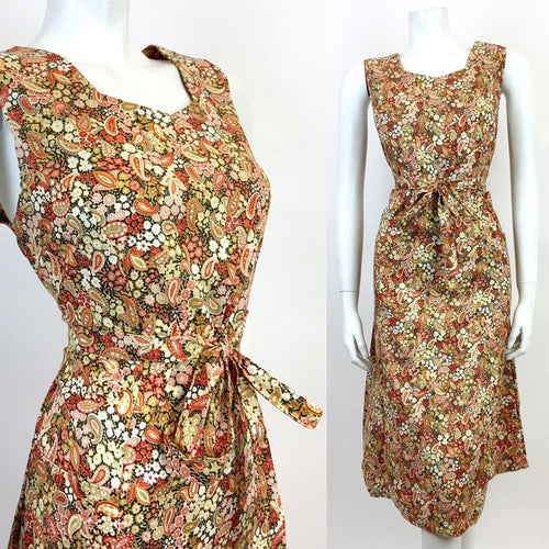 VTG 60s 70s CREAM GREEN RED BROWN FLORAL DITSY PAISLEY PSYCHEDELIC DRESS 12 14