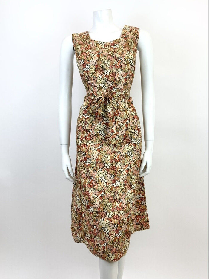 VTG 60s 70s CREAM GREEN RED BROWN FLORAL DITSY PAISLEY PSYCHEDELIC DRESS 12 14