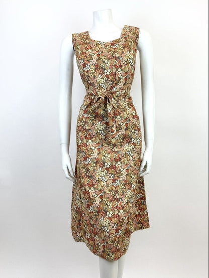 VTG 60s 70s CREAM GREEN RED BROWN FLORAL DITSY PAISLEY PSYCHEDELIC DRESS 12 14