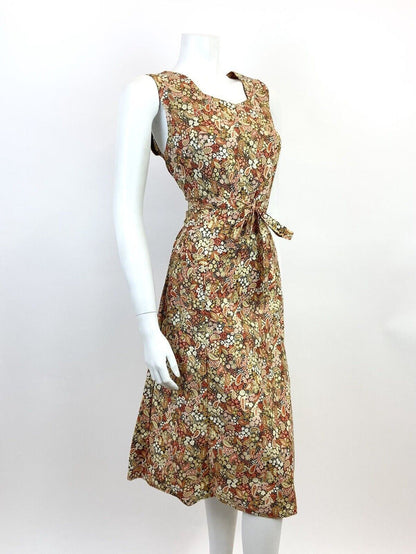 VTG 60s 70s CREAM GREEN RED BROWN FLORAL DITSY PAISLEY PSYCHEDELIC DRESS 12 14