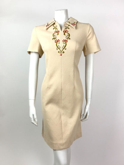 VTG 60s 70s CREAM GREEN RED BROWN SWIRL EMBROIDERED DAGGER COLLAR DRESS 12 14
