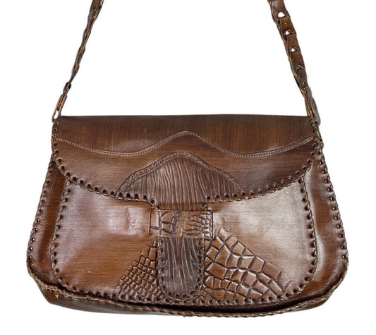 VTG 60s 70s DARK BROWN LEATHER STAMPED MANDALA CROCODILE CHAIN SHOULDER BAG