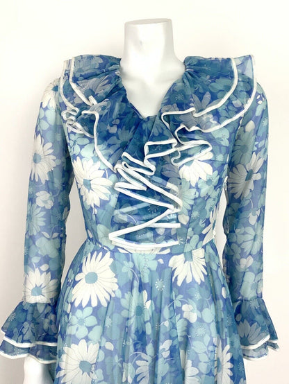 VTG 60s 70s FLORAL BLUE WHITE JABOT RUFFLE FLOUNCE SLEEVE SUMMER DRESS 8 10