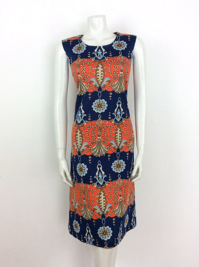 VTG 60s 70s FLORAL ROPE NAUTICAL NAVY BLUE ORANGE RED BROWN SHIFT DRESS 14 16