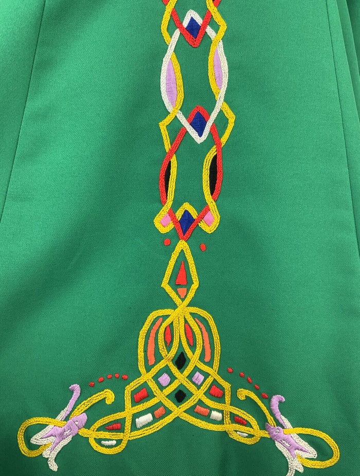 VTG 60s 70s FOLK GREEN WHITE RED YELLOW BLACK CELTIC EMBROIDERED DRESS 4 6