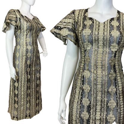 VTG 60s 70s GOLD BLACK LUREX STRIPED FLORAL BELL SLEEVE GLAM MAXI DRESS 20 22