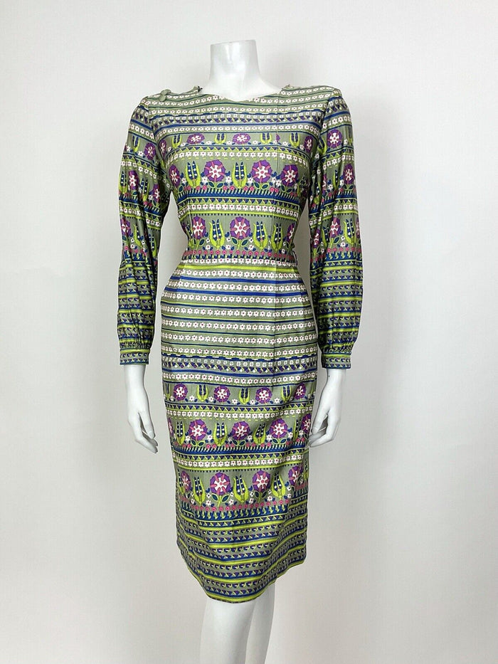 VTG 60s 70s GREEN BLUE PURPLE STRIPED DAISY GEOMETRIC MOD LONGSLEEVE DRESS 12 14