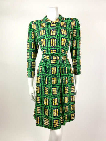 VTG 60s 70s GREEN BLUE YELLOW GEOMETRIC SQUARE PETER PAN COLLAR SHIRT DRESS 8 10