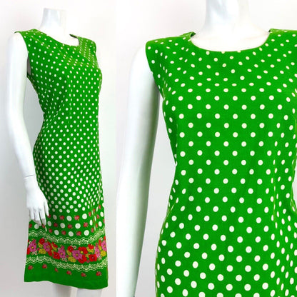 VTG 60s 70s GREEN WHITE PINK POLKA-DOT FLORAL LACE BOHO FOLK A-LINE DRESS 10 12