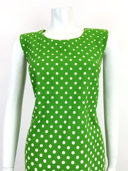 VTG 60s 70s GREEN WHITE PINK POLKA-DOT FLORAL LACE BOHO FOLK A-LINE DRESS 10 12