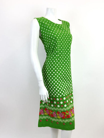 VTG 60s 70s GREEN WHITE PINK POLKA-DOT FLORAL LACE BOHO FOLK A-LINE DRESS 10 12