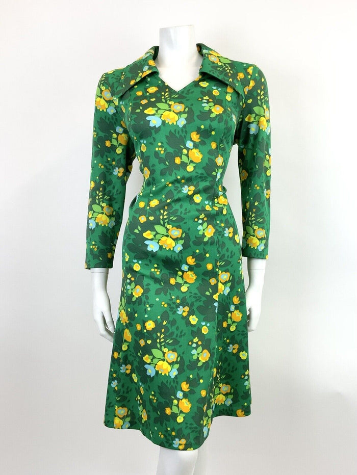 VTG 60s 70s GREEN YELLOW ORANGE FLORAL LEAFY PSYCHE DAGGER SHIRT DRESS 16 18