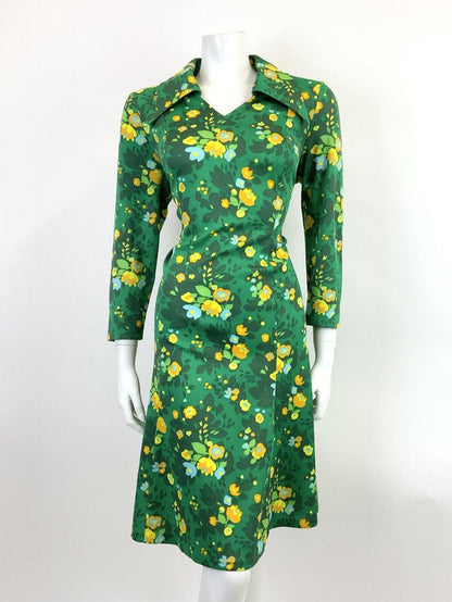 VTG 60s 70s GREEN YELLOW ORANGE FLORAL LEAFY PSYCHE DAGGER SHIRT DRESS 16 18