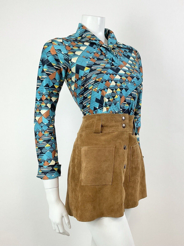 VTG 60s 70s METALLIC BLUE BRONZE CREAM GEOMETRIC CHECKED DAGGER BLOUSE 8 10