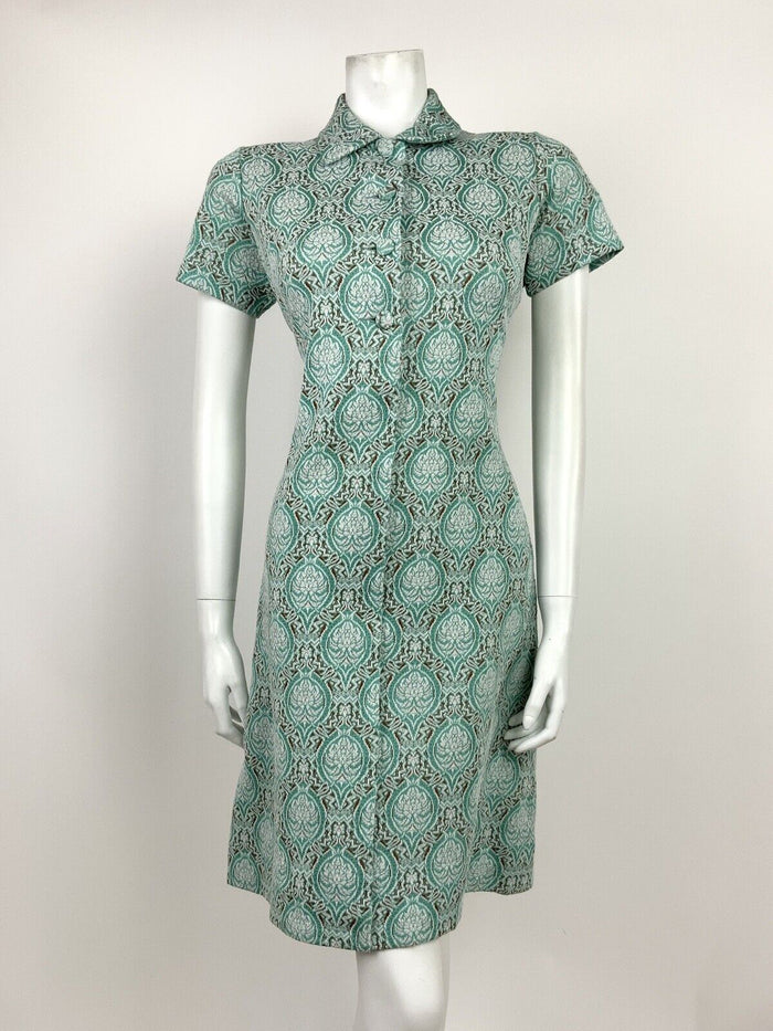 VTG 60s 70s MINT GREEN WHITE BROWN DAMASK ART NOUVEAU FLORAL COLLAR DRESS 12 14