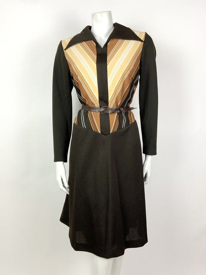 VTG 60s 70s MOD BROWN CREAM WHITE STRIPED WING COLLAR BELTED DRESS 14 16