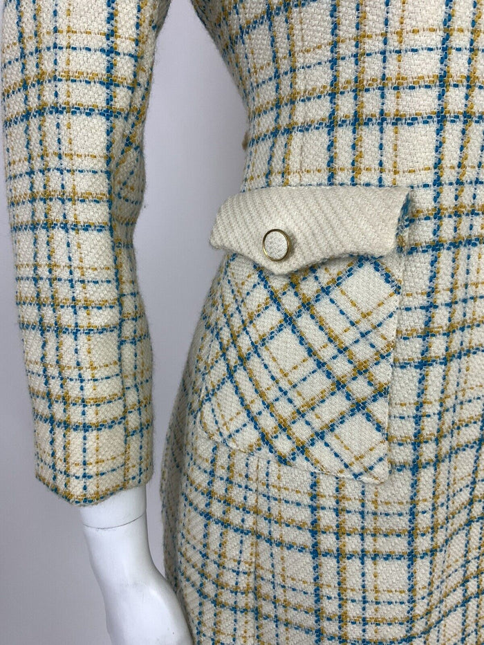 VTG 60s 70s MOD CREAM BLUE YELLOW GOLD PLAID CHECKED WOOL JACKET COAT 10