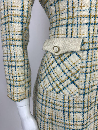 VTG 60s 70s MOD CREAM BLUE YELLOW GOLD PLAID CHECKED WOOL JACKET COAT 10