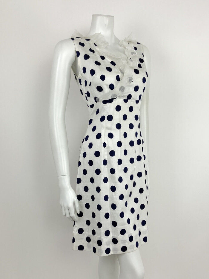 VTG 60s 70s NAVY BLUE WHITE POLKA DOT FLOUNCE RUFFLE EMPIRE MOD DRESS 10 12