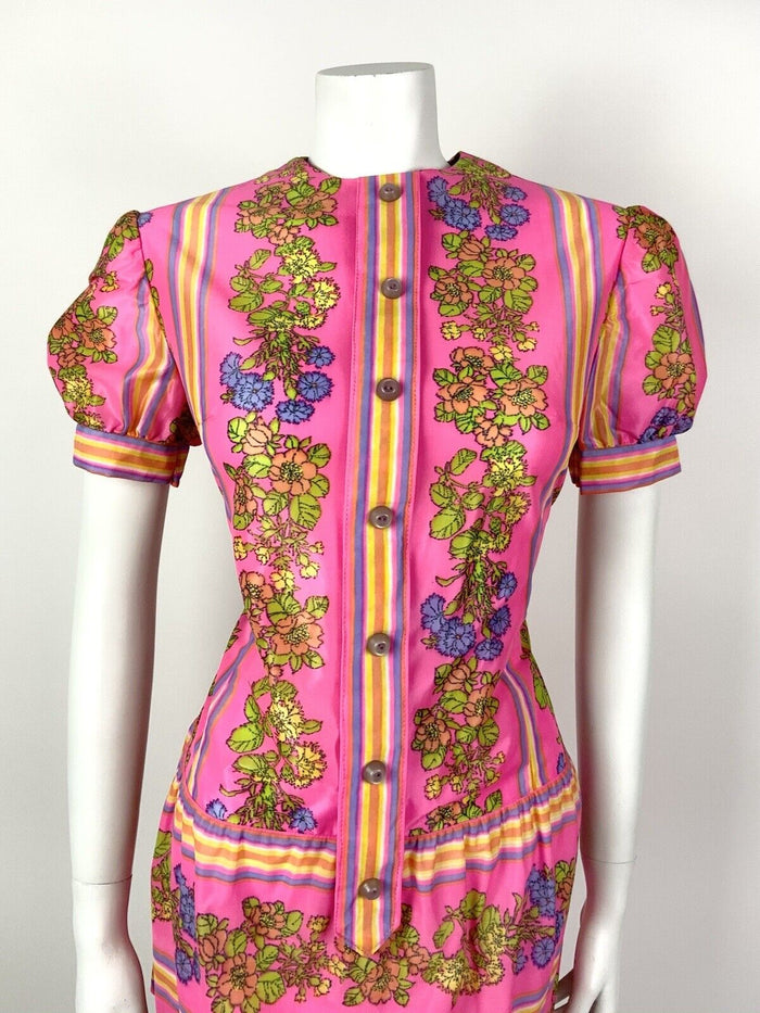 VTG 60s 70s NEON PINK YELLOW PURPLE STRIPED FLORAL MOD DROP WAIST DRESS 10 12