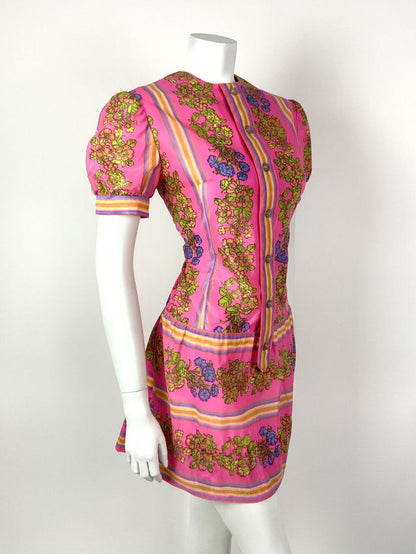 VTG 60s 70s NEON PINK YELLOW PURPLE STRIPED FLORAL MOD DROP WAIST DRESS 10 12
