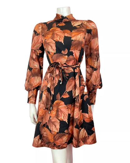 VTG 60s 70s ORANGE BROWN BLACK LEAFY TURTLENECK BISHOP SLEEVE SWING DRESS 8
