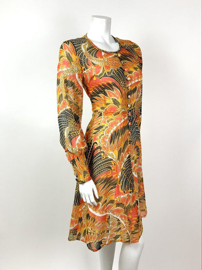 VTG 60s 70s ORANGE YELLOW BLACK FEATHER PSYCHEDELIC CARNIVAL SHEER DRESS 8 10