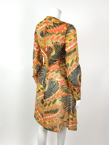 VTG 60s 70s ORANGE YELLOW BLACK FEATHER PSYCHEDELIC CARNIVAL SHEER DRESS 8 10