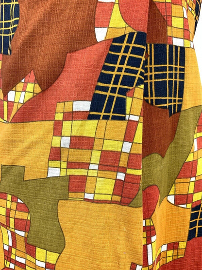 VTG 60s 70s ORANGE YELLOW RED BLACK PSYCHEDELIC CHECKED ABSTRACT MOD DRESS 12