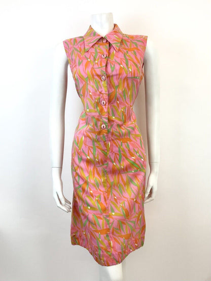 VTG 60s 70s PINK GREEN ORANGE PSYCHEDELIC LEAFY DAGGER SHIRT SHIFT DRESS 10 12