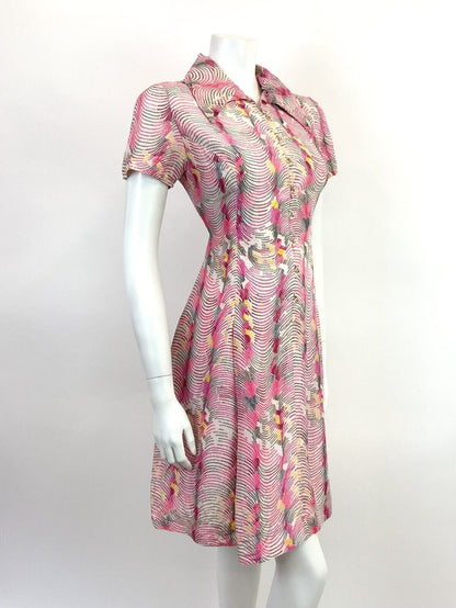 VTG 60s 70s PINK YELLOW WHITE WAVY PSYCHEDELIC WING COLLAR MOD SHIRT DRESS 10 12