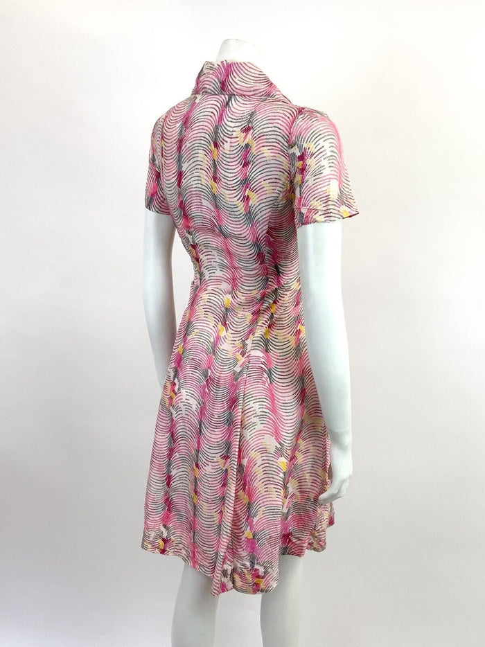 VTG 60s 70s PINK YELLOW WHITE WAVY PSYCHEDELIC WING COLLAR MOD SHIRT DRESS 10 12