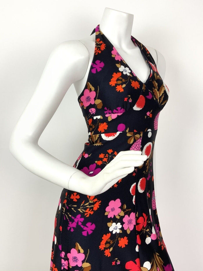 VTG 60s 70s PSYCHEDELIC BLUE RED PINK BROWN FLORAL HALTER MAXI SUMMER DRESS 8