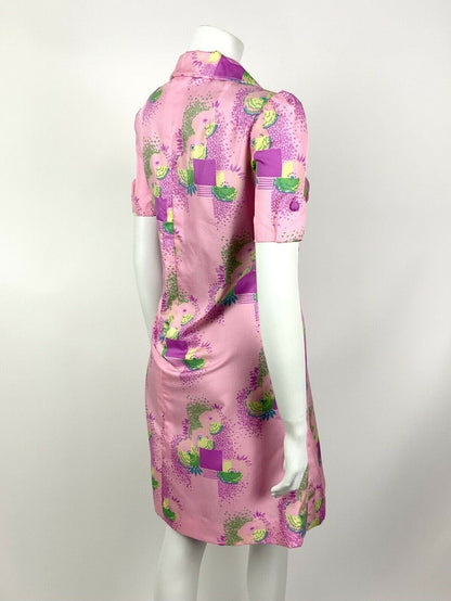 VTG 60s 70s PSYCHEDELIC PINK PURPLE BLUE GREEN SQUARE FLORAL SHIRT DRESS 12
