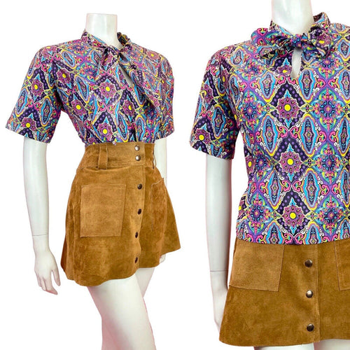 VTG 60s 70s PURPLE BLUE YELLOW PINK PSYCHEDELIC FLORAL PUSSYBOW BLOUSE TOP 16 18