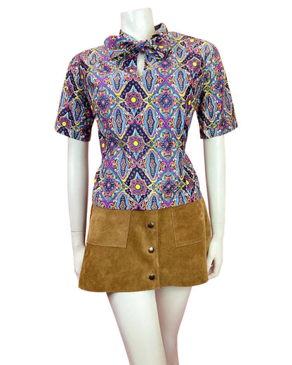 VTG 60s 70s PURPLE BLUE YELLOW PINK PSYCHEDELIC FLORAL PUSSYBOW BLOUSE TOP 16 18