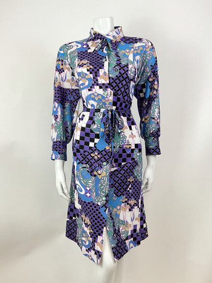 VTG 60s 70s PURPLE GREEN BLACK PSYCHEDELIC CHECKERBOARD DAGGER SHIRT DRESS 12 14
