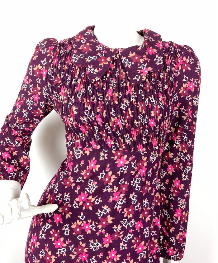 VTG 60s 70s PURPLE PINK WHITE FLORAL PSYCHEDELIC MOD SPOON COLLAR MAXI DRESS 8