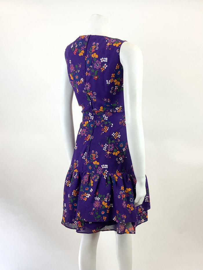 VTG 60s 70s PURPLE WHITE ORANGE GREEN FLORAL MOD SLEEVELESS RUFFLE DRESS 8 10