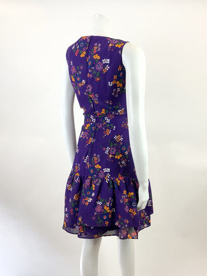 VTG 60s 70s PURPLE WHITE ORANGE GREEN FLORAL MOD SLEEVELESS RUFFLE DRESS 8 10