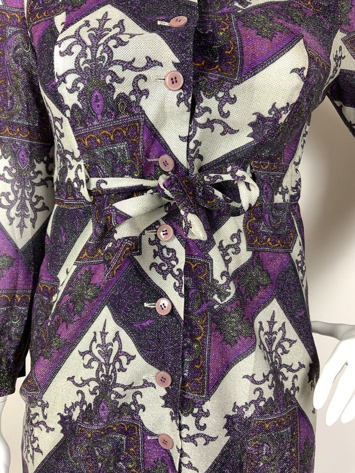 VTG 60s 70s PURPLE WHITE SILVER ZIG-ZAG FLORAL DAGGER COLLAR LUREX DRESS 14 16