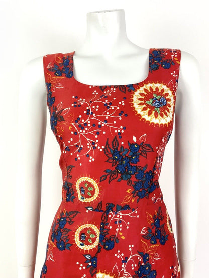 VTG 60s 70s RED BLUE GOLD FLORAL SLEEVELESS MOD SCOOTER MICRO MINI DRESS 10 12