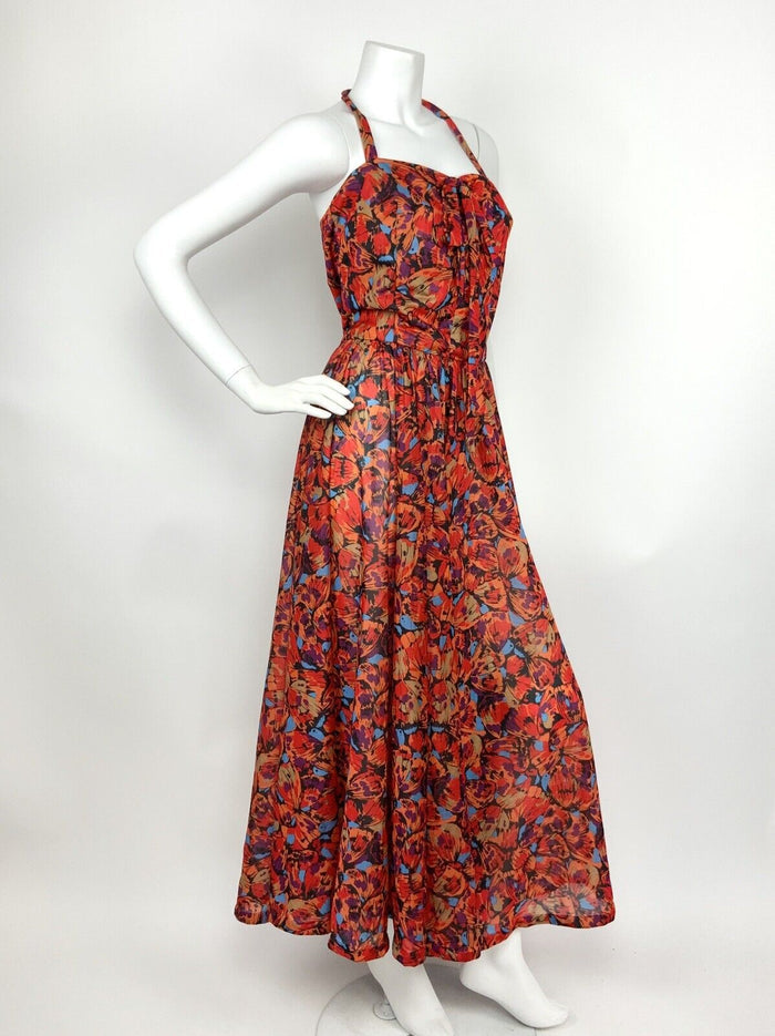 VTG 60s 70s RED ORANGE BLUE BLACK ABSTRACT BUTTERFLY HALTER MAXI DRESS 8 10