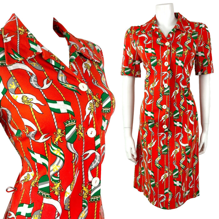 VTG 60s 70s RED ORANGE GREEN GREY FLAG LION CREST MOD DAGGER SHIRT DRESS 12 14