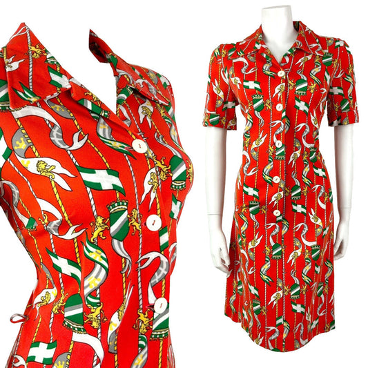 VTG 60s 70s RED ORANGE GREEN GREY FLAG LION CREST MOD DAGGER SHIRT DRESS 12 14