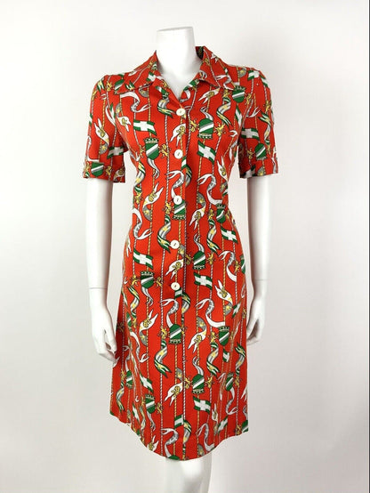 VTG 60s 70s RED ORANGE GREEN GREY FLAG LION CREST MOD DAGGER SHIRT DRESS 12 14