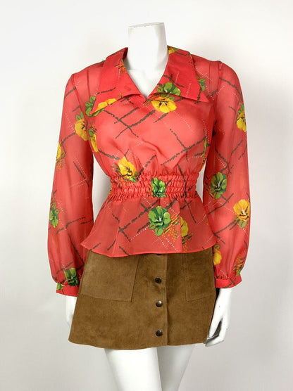 VTG 60s 70s RED / ORANGE YELLOW GREEN FLORAL WING COLLAR RUCHED BLOUSE TOP 8 10