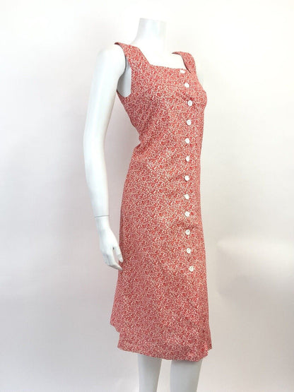 VTG 60s 70s RED WHITE FLORAL DITSY MOD BOHO PINAFORE SLEEVELESS SHIFT DRESS 8