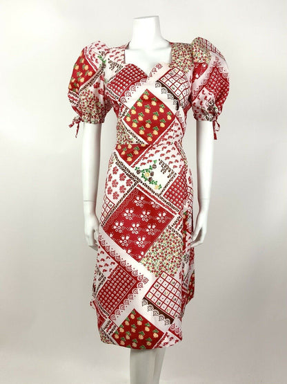 VTG 60s 70s RED WHITE GREEN FLORAL GYPSY PATCHWORK FOLK PUFF SLEEVE DRESS 12 14